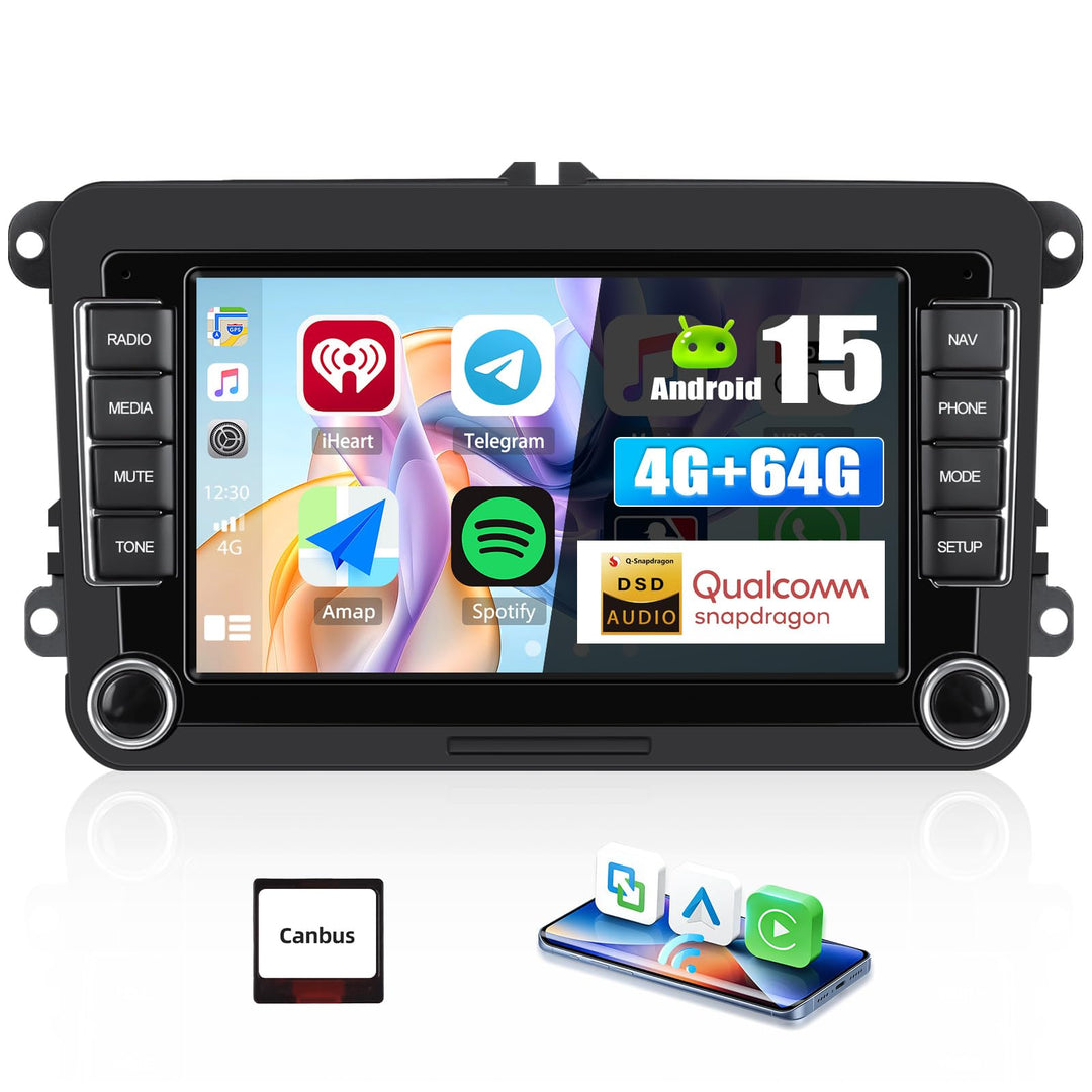 Android 15, CAMECHO 4+64G 8-Kern Qualcomm Autoradio für VW Golf 5 6 Polo Caddy Touran Passat Skoda,