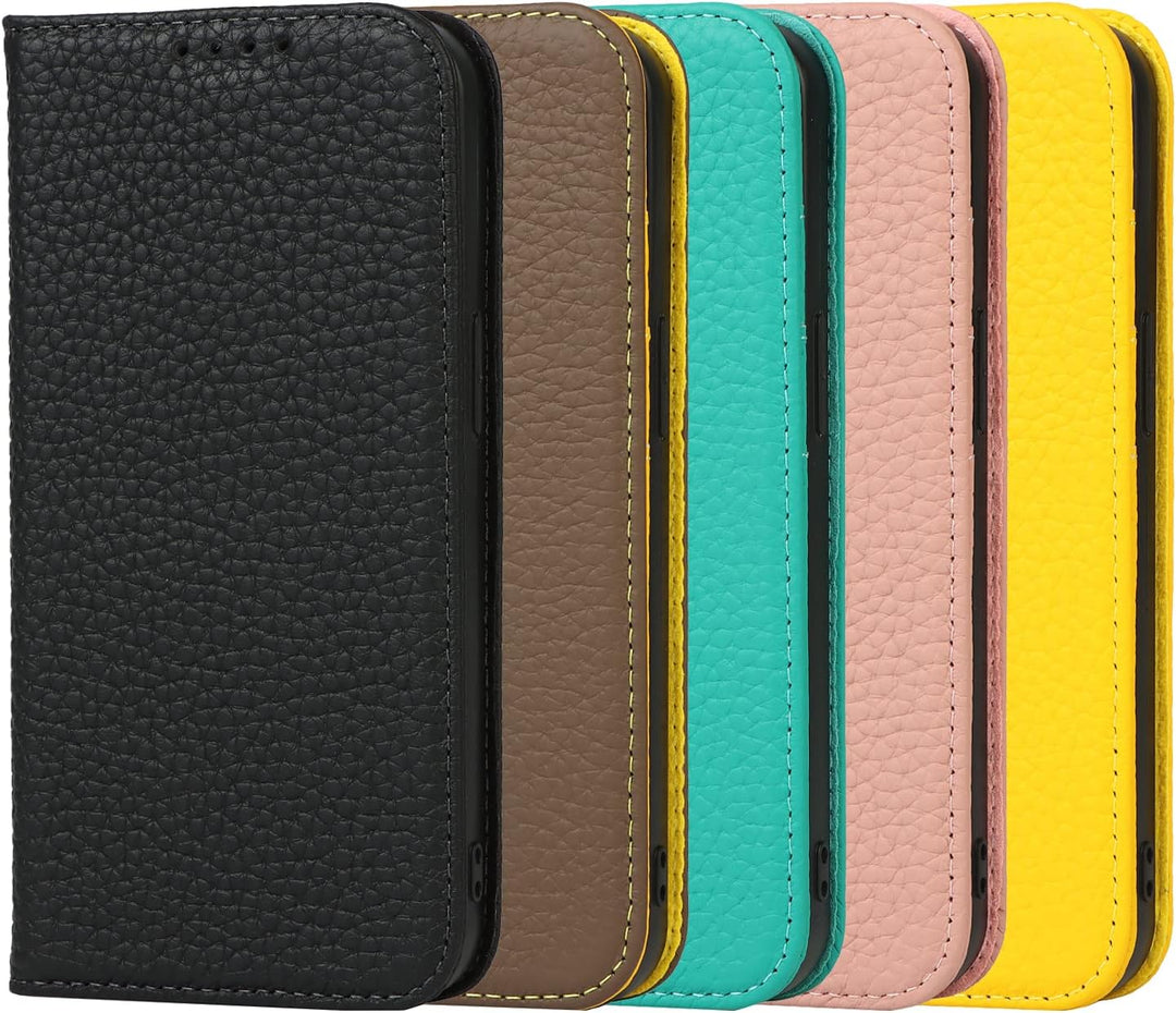 SailorTech Brieftasche Hülle für iPhone 13, Luxus Litschi Genarbtes Echtleder Hülle mit Handschlaufe