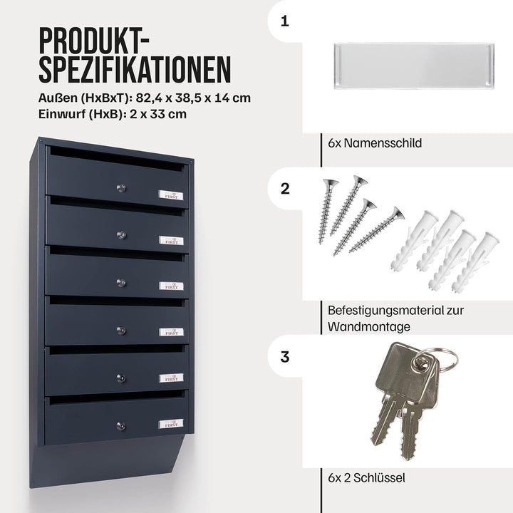 Profirst Briefkastenanlage Maildrop 6 Anthrazit Stahl Zylinderschloss je 2 Schlüssel für 6 Parteien