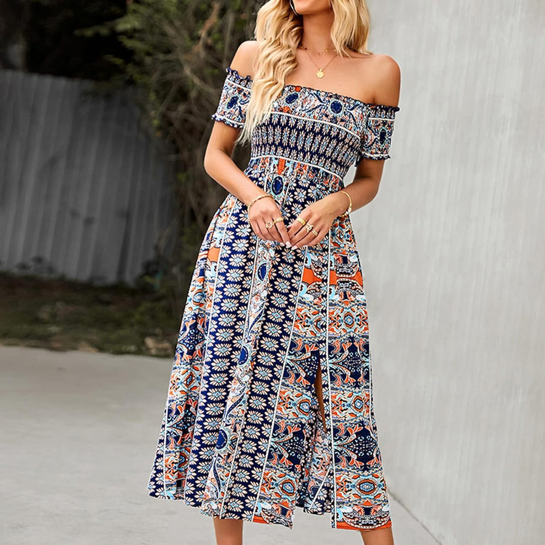 Cocoarm Sommerkleid Damen Sommer Schulterfreies Kleid Maxi Kleider Strandkleid Wickelkleid Ärmellos