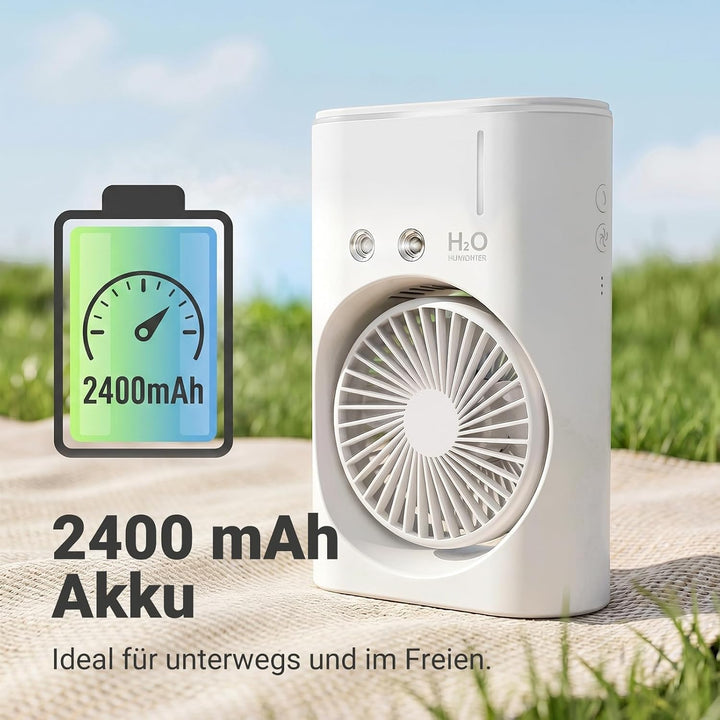 EXTRASTAR Ventilator mit Sprühnebel, USB Akku, 3 Geschwindigkeits- & 2 Sprühstufen, Tischventilator