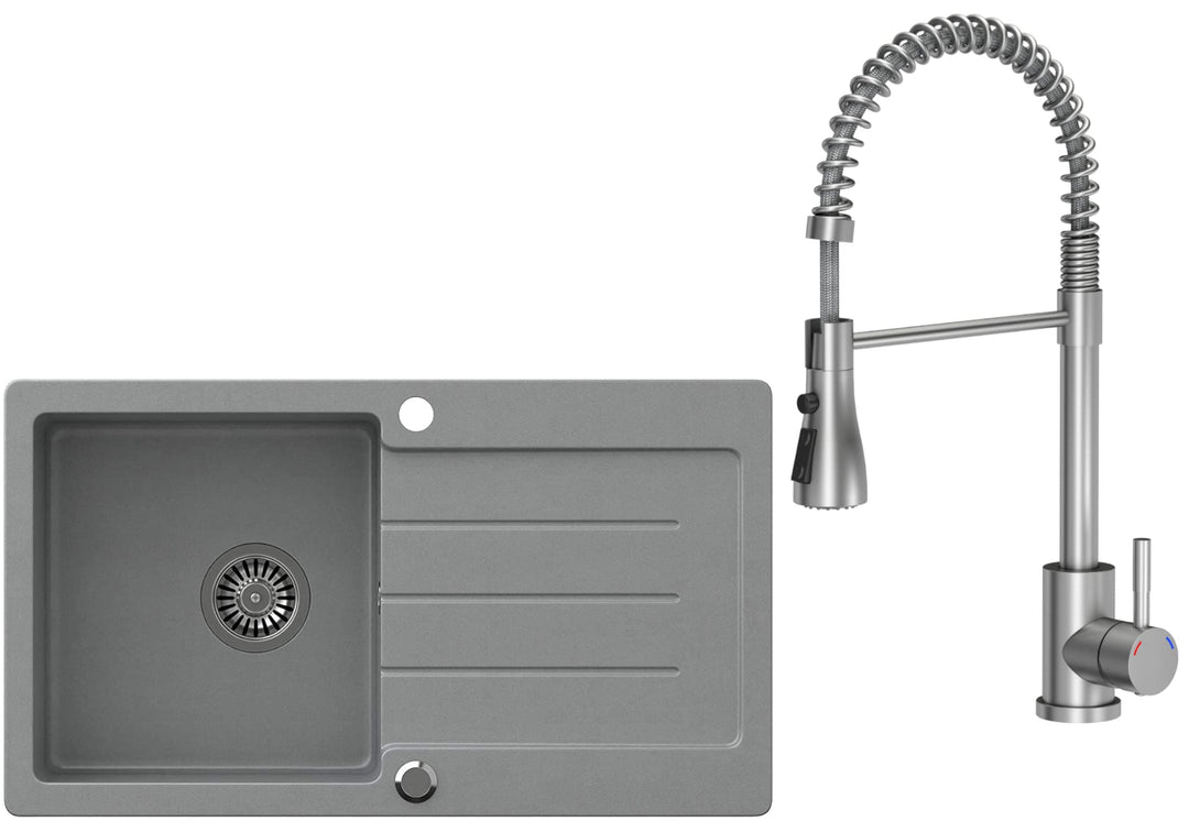 VBChome Spülbecken Grau mit Armatur 77 x 44 cm Granit Einzelbecken Einbauspüle gesprenkelt reversibe