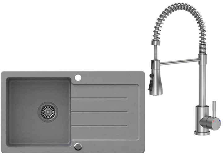 VBChome Spülbecken Grau mit Armatur 77 x 44 cm Granit Einzelbecken Einbauspüle gesprenkelt reversibe
