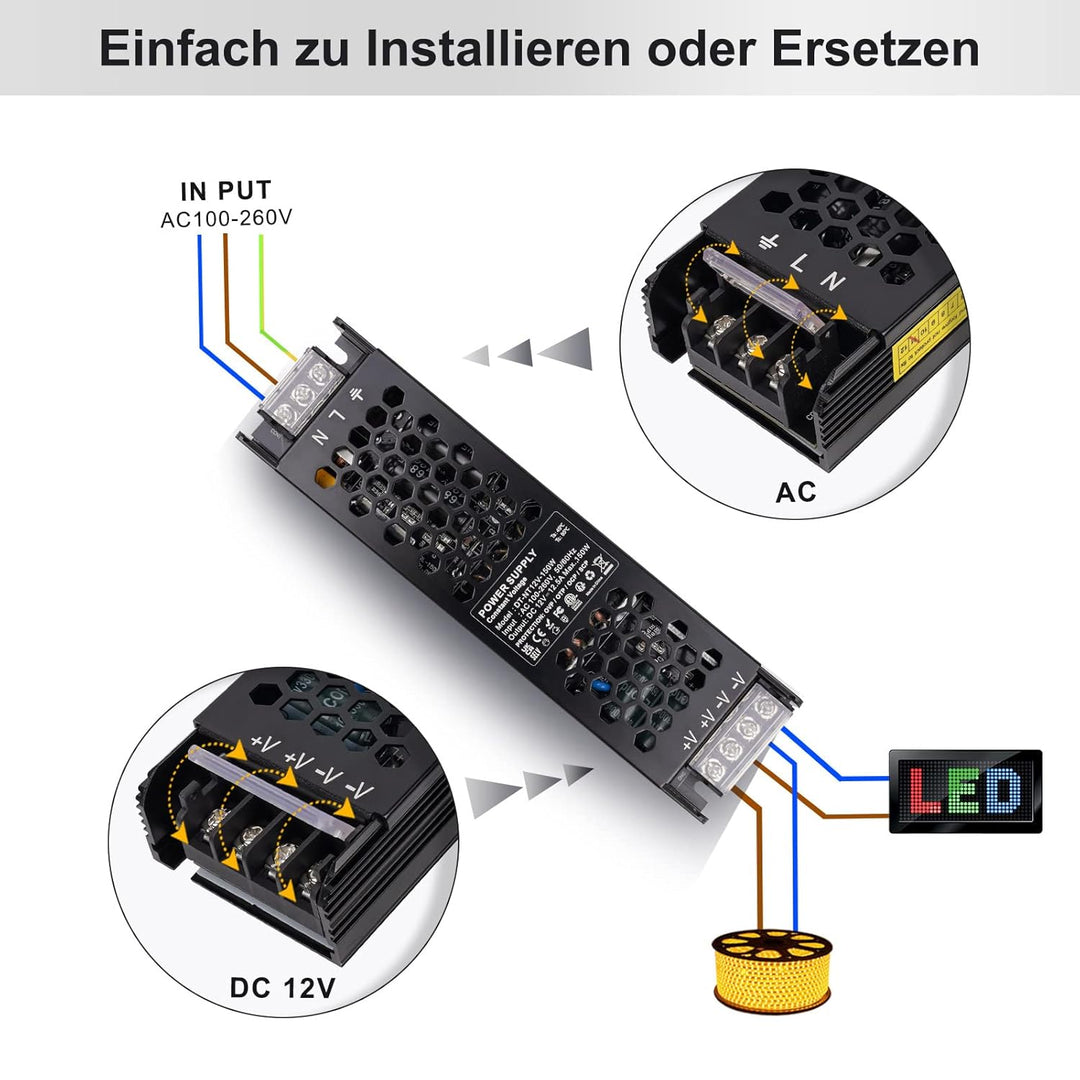 REYLAX LED Trafo 12V 150W Trafo 230V auf 12V 12.5A Treiber Gleichstrom LED Netzteil Flach Niedervolt