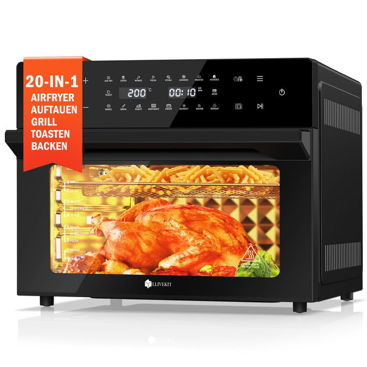 LLIVEKIT 30L Heissluftfritteuse XXL, Minibackofen Umluft mit 20 Programme und 9 Zubehör, Mini Backof