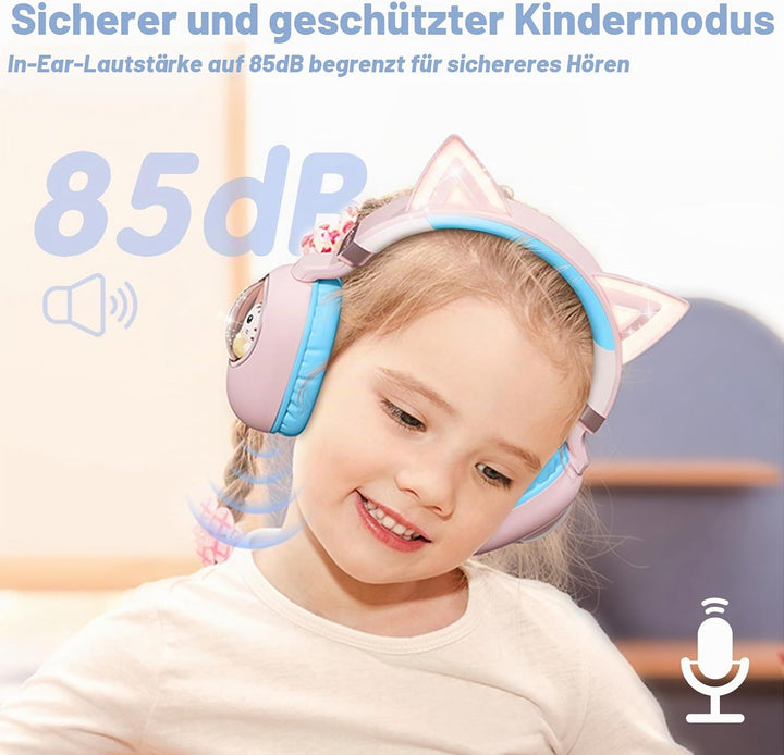 Kinder Kopfhörer mit Katzenohren, Bluetooth 5.4 Over-Ear Noise Cancelling Kopfhörer mit Mikrofon, LE