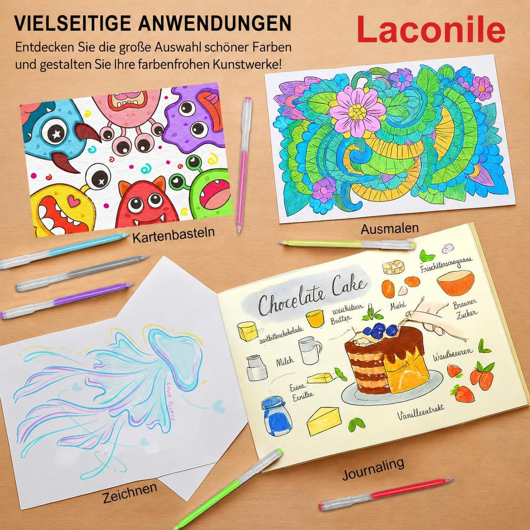 Laconile 168 Farben Glitzerstifte Gel – 0,6mm Feine Spitze Gel Pens Set & Gelstifte Set – Glitzer Ge
