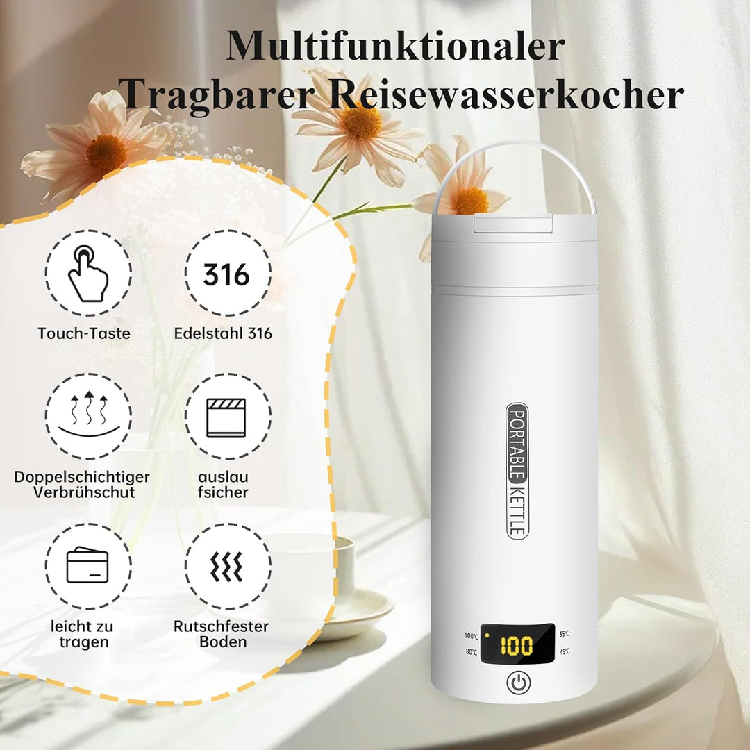 Reise Wasserkocher Klein Elektrische, 500ML/300W Tragbarer Wasserkocher Mini Wassertasse Edelstahl 3