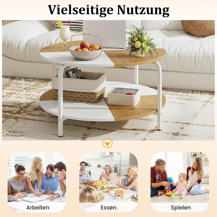 COSTWAY Couchtisch rund, 80 cm Wohnzimmertisch 2 Ebenen, Kaffeetisch Holz