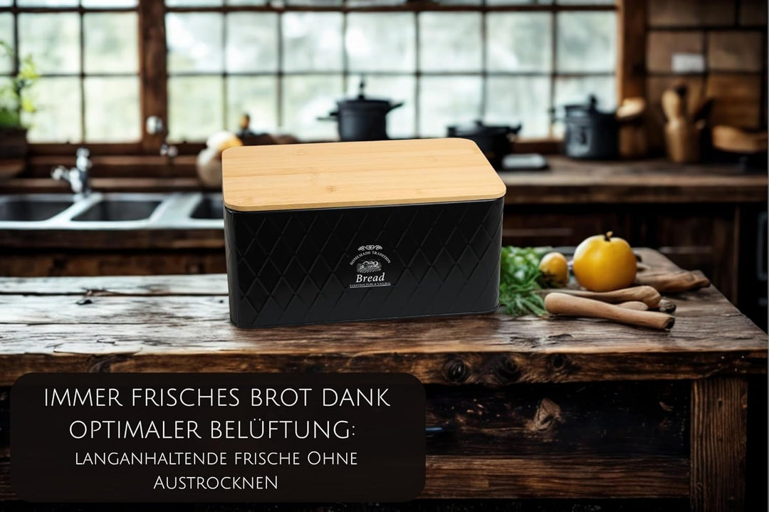 Brotkasten - Rustic Breadvault Black, aus Metall mit Deckel aus FSC® Bambus, schöne & rustikale Brot