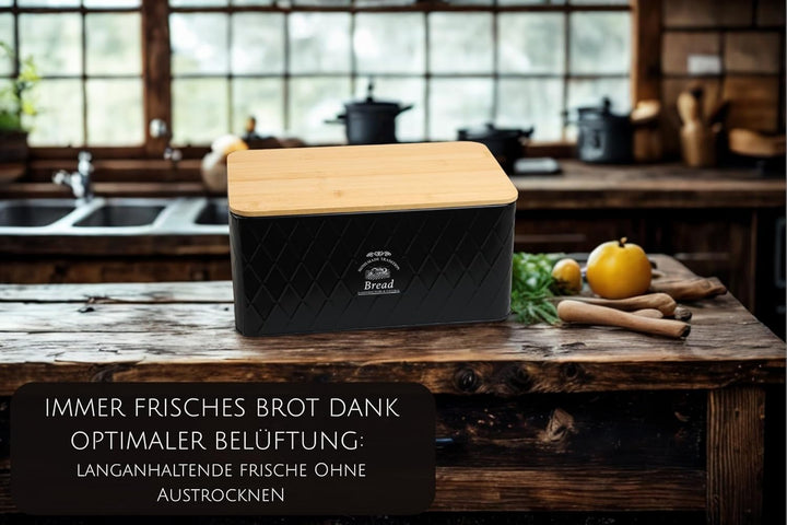 Brotkasten - Rustic Breadvault Black, aus Metall mit Deckel aus FSC® Bambus, schöne & rustikale Brot