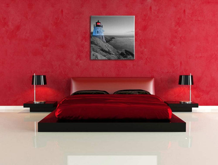 Pixxprint winziger Leuchtturm auf Felsen schwarz/weiss, Format: 70x70 auf Leinwand, 70x70