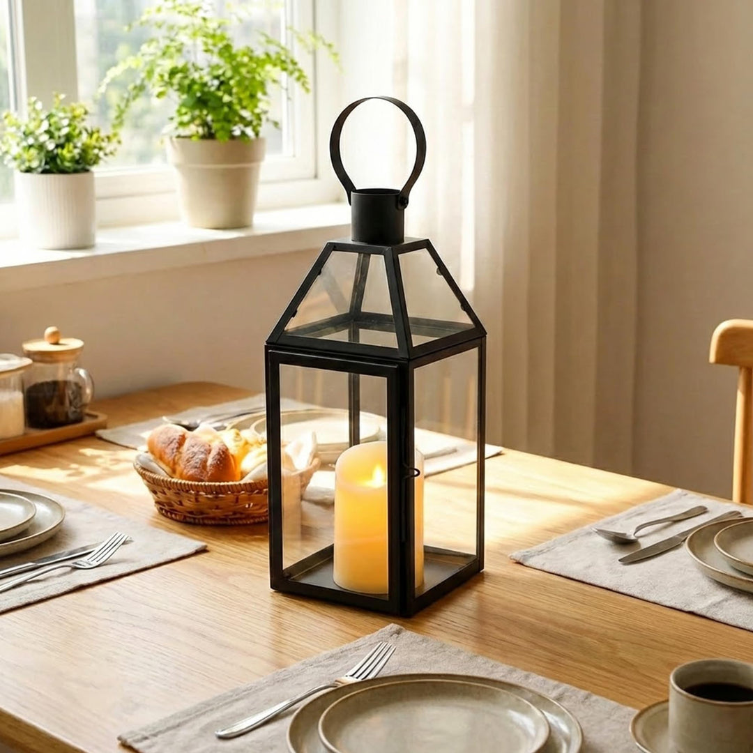 JHY DESIGN Schwarze dekorative Laternen 40.5 cm hoch Edelstahl-Kerzenlaternen mit gehärtetem Glas fü