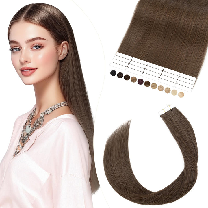 Elailite Echthaar Extensions Tape in 20 Stück Kleberband #2A Leberbraun, 30cm Haarverlängerungen Uns