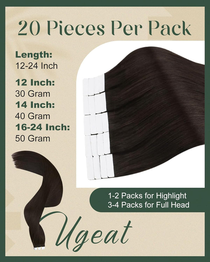 Ugeat 50cm Remy Echthaar Extensions Tapes Braun 50Gramm Hair Extensions Tape Echthaar Haarverlängeru