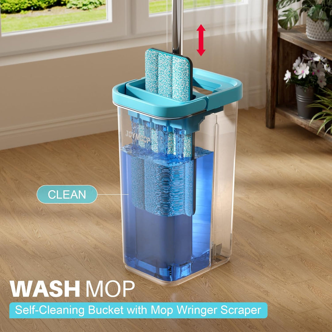 JOYMOOP Wischmopp- und Eimer-Set mit Auswringer, mit 5 wiederverwendbaren Mikrofaser-Wischpads, Wisc