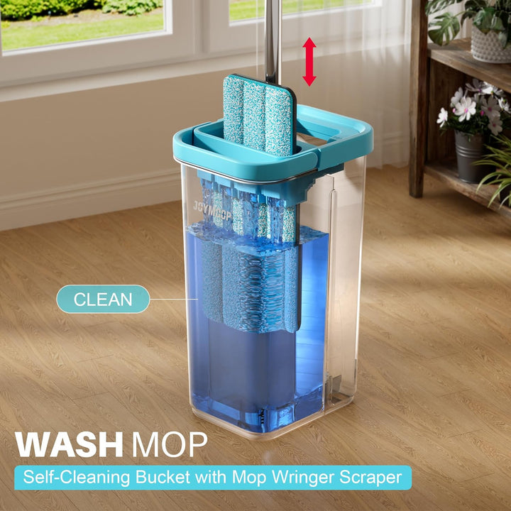 JOYMOOP Wischmopp- und Eimer-Set mit Auswringer, mit 5 wiederverwendbaren Mikrofaser-Wischpads, Wisc