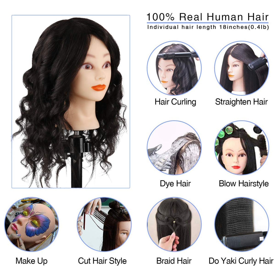 TopDirect 45cm/18 Zoll Übungskopf Frisierkopf Friseur 100% Echtes Haar Modell Kopf für Friseur Praxi
