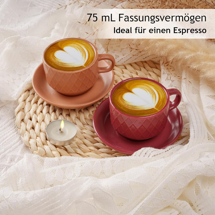 MIAMIO – 6 x 75 ml Espresso Tassen/Espressotassen Set mit Ständer Steingut Keramik - Palmanova Kolle