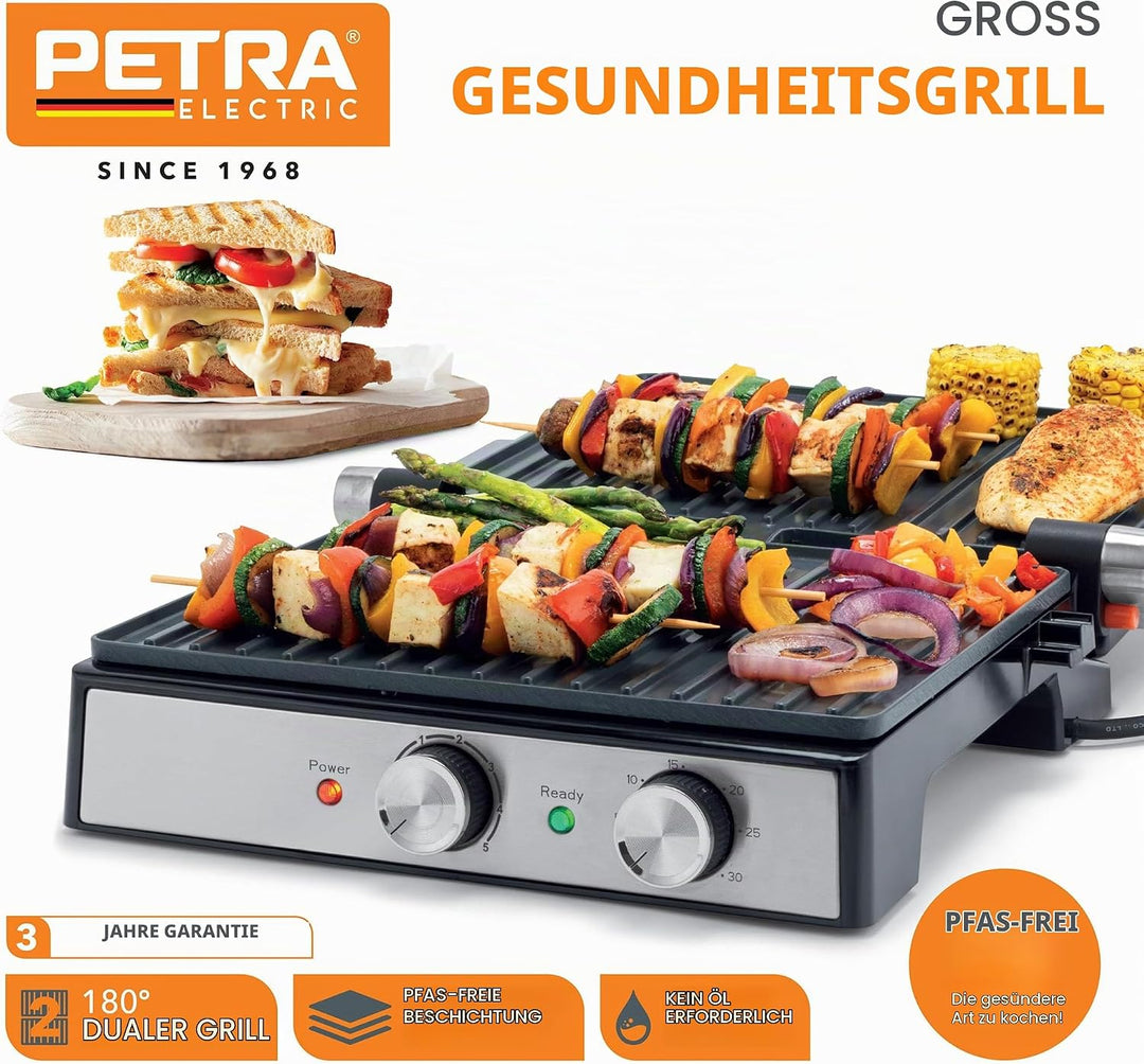 Petra PT6234VDE Kontaktgrill – Elektrogrill, bis zu 180° für das Kochen mit zwei Oberflächen geöffne