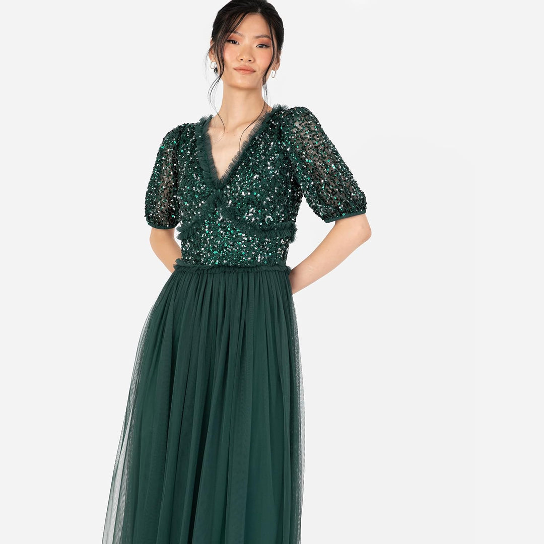 Maya Deluxe Damen Women's Maxi Dress Ladies V-Neck Short Sleeve Sequin Embellished Tulle Ruffle for