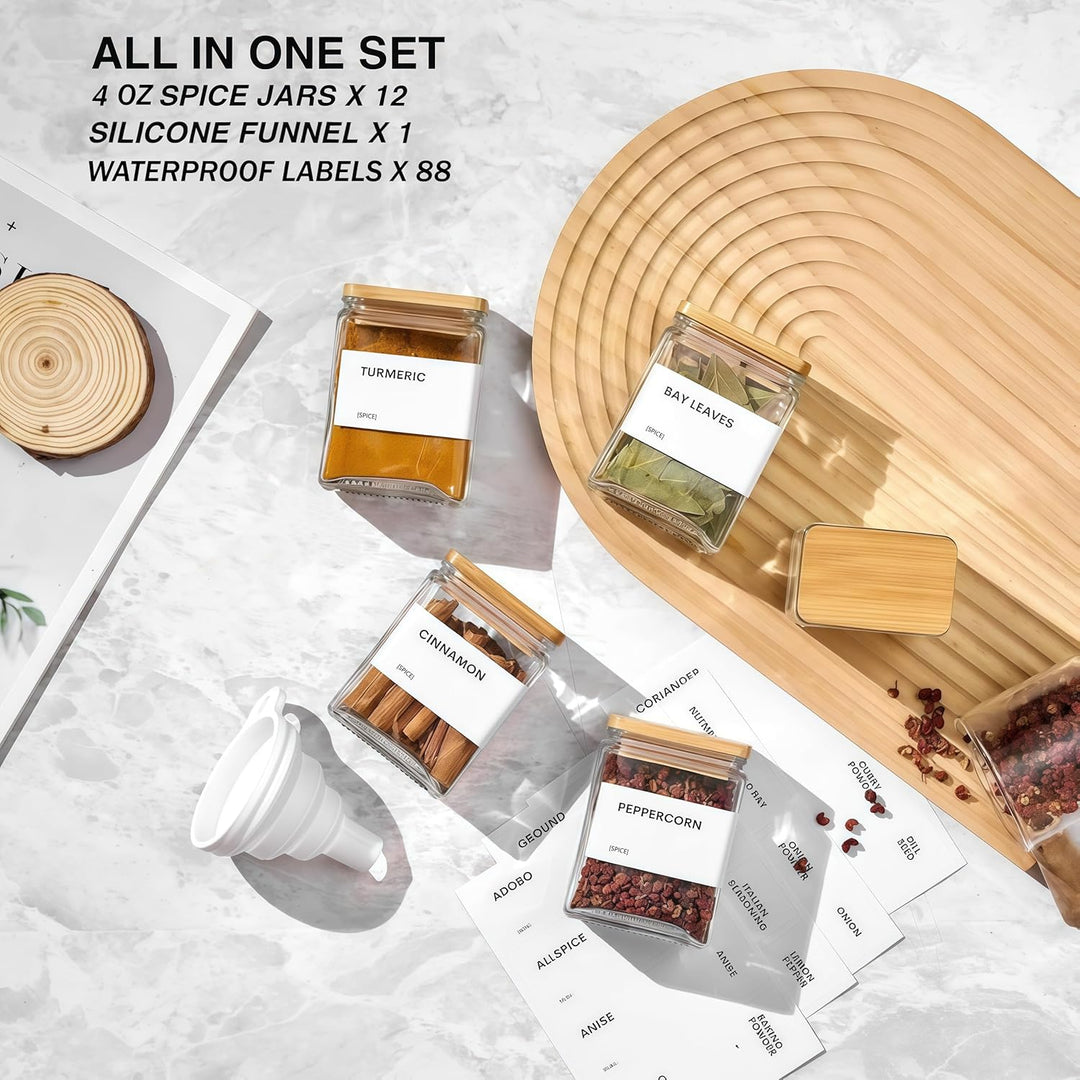 Gewürzgläser Eckig mit Holzdecke, [12x 120ml] + 88 Wasserfeste Etiketten - Gewürzdosen Set Glas - Ge