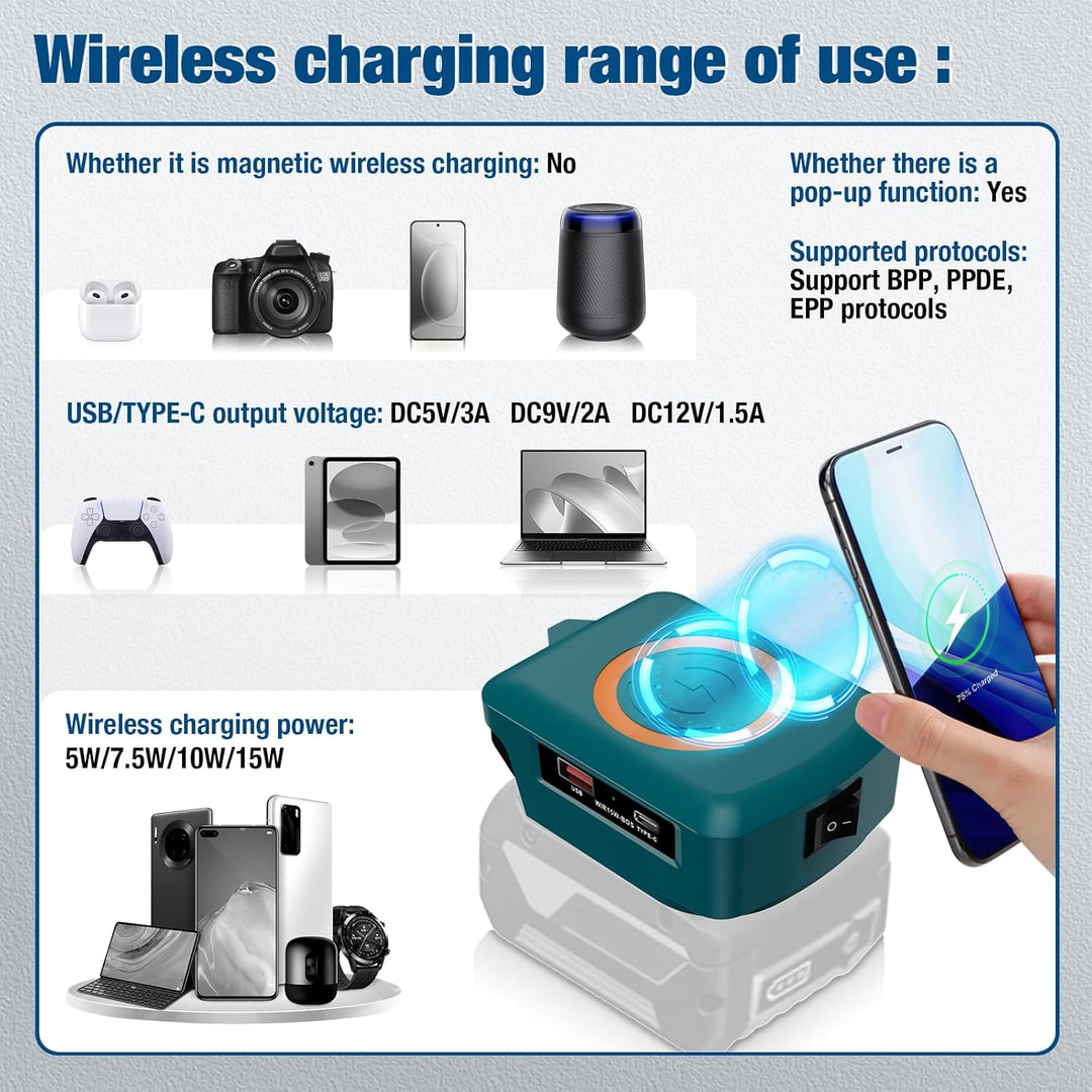 Kabelloses Tragbares Ladegerät für Bosch Professional 18V System Li-Ionen Akku, 15W Schnell Telefon