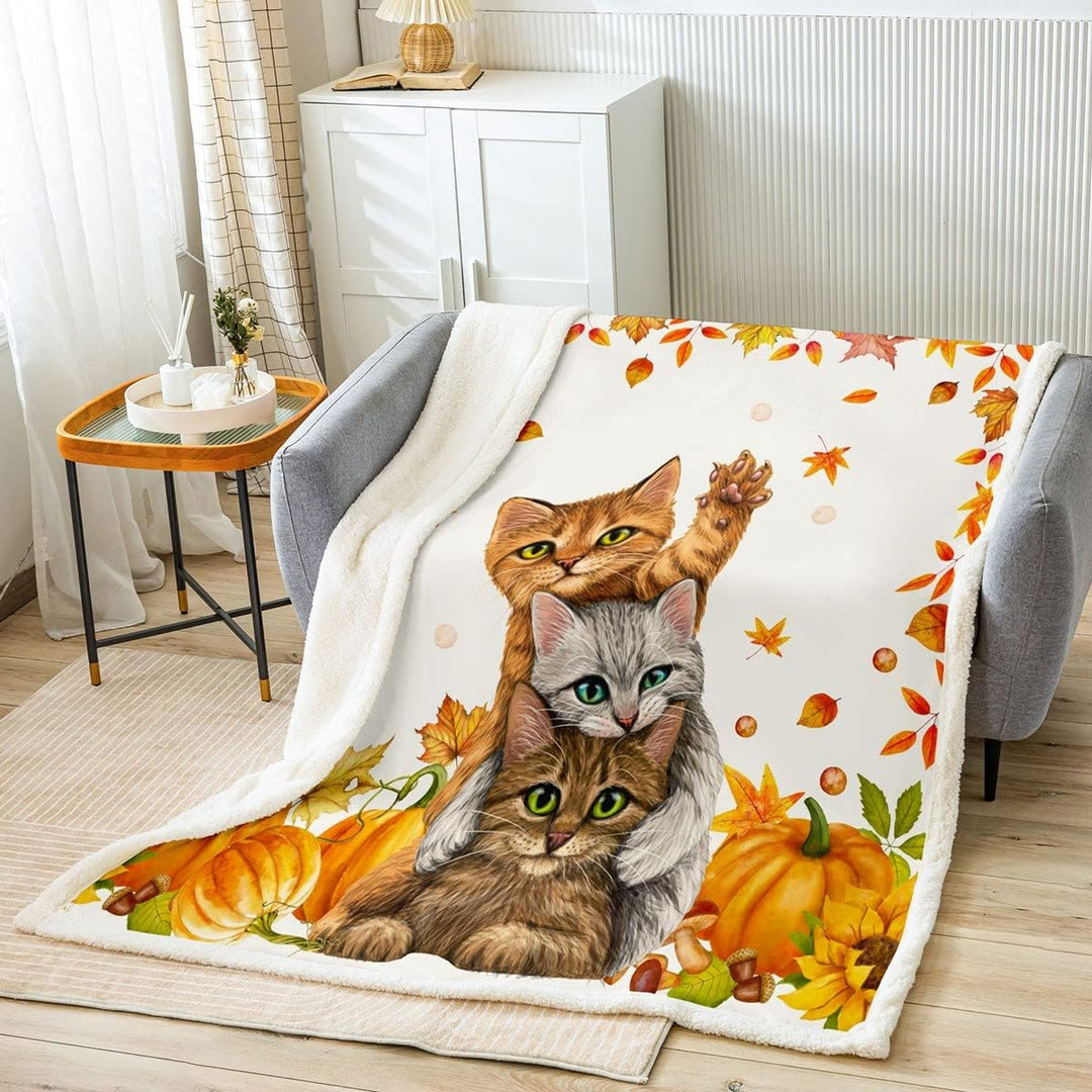 Kinder Niedlichen Katzen Decke 130 x 150 Herbstkürbis Ahornblatt Sherpa Decke für Mädchen Jungen Tee