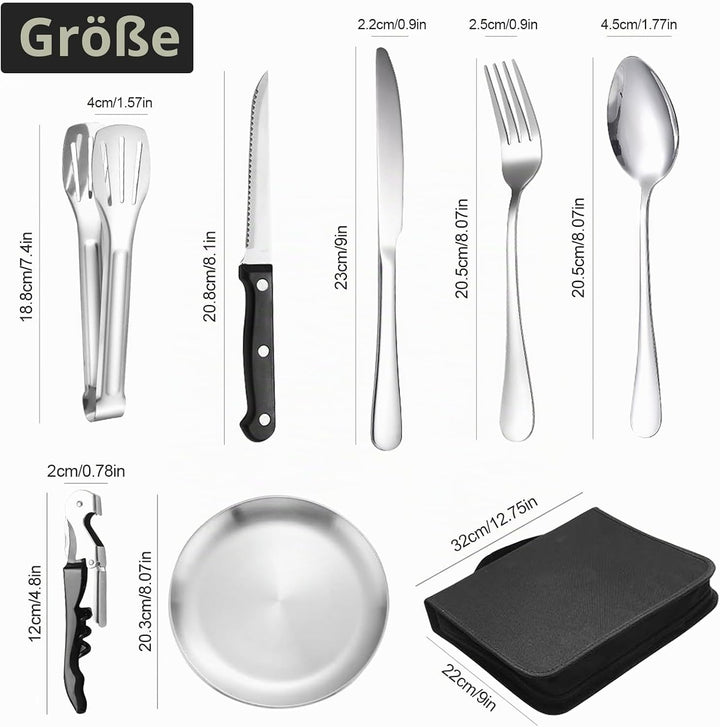 Campingbesteck Set für 4 Personen - Tragbares Edelstahl Outdoor Geschirr Set für Camping, Picknick u