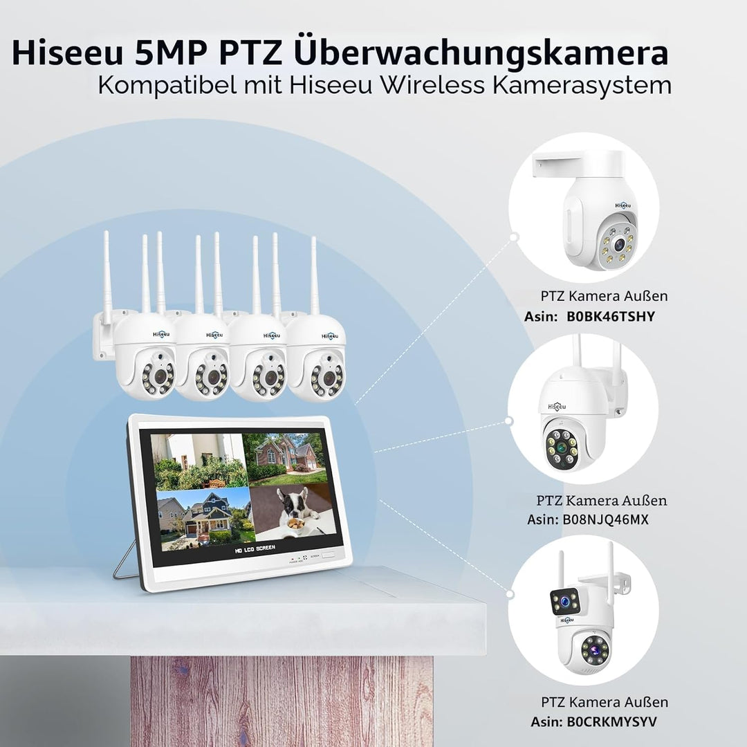 【5MP+PTZ】 Hiseeu Überwachungskamera Set Aussen WLAN mit 12''Monitor 10CH Wireless NVR,4 Pcs 5MP PTZ