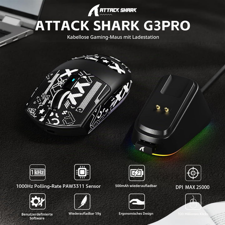 ATTACK SHARK G3PRO Kabellose Gaming-Maus mit Magnetischer Ladestation, PixArt PAW3311-Sensor, Bis zu