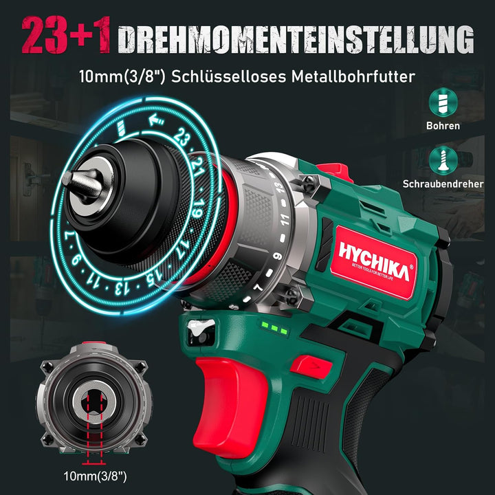 HYCHIKA 16.8V Akkuschrauber & Bohrmaschine Set, Bürstenloser Motor, 45Nm Max, 23+1 Drehmoment, 53-te