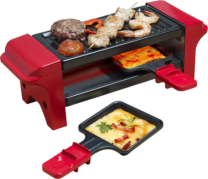 Bestron Raclette für 1 bis 2 Personen, Mini Tischgrill mit zwei Pfännchen und zwei Holzschabern, 350