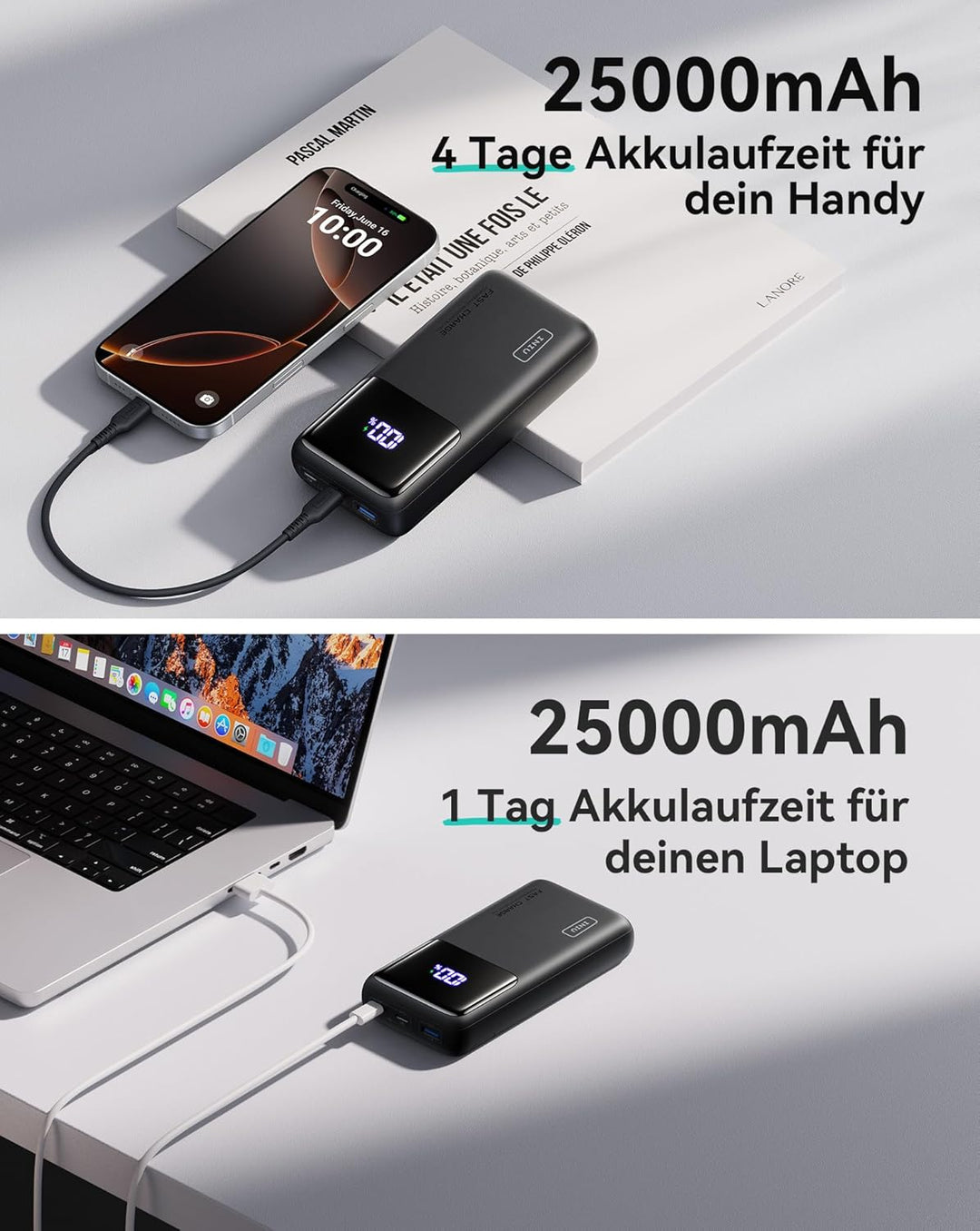 INIU Power Bank, 65 W PD 25000 mAh Powerbank, Ultimatives USB-C-Schnellladen (Laden von Telefon und