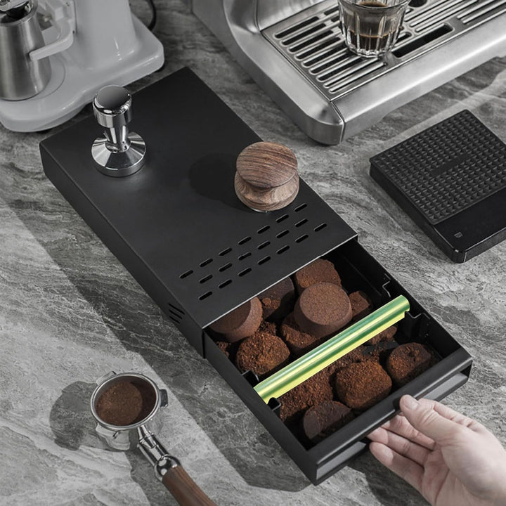Espresso Abklopfbehälter mit Schublade – Edelstahl Knock Box mit Gummistange & Anti-Rutsch-Füssen, S
