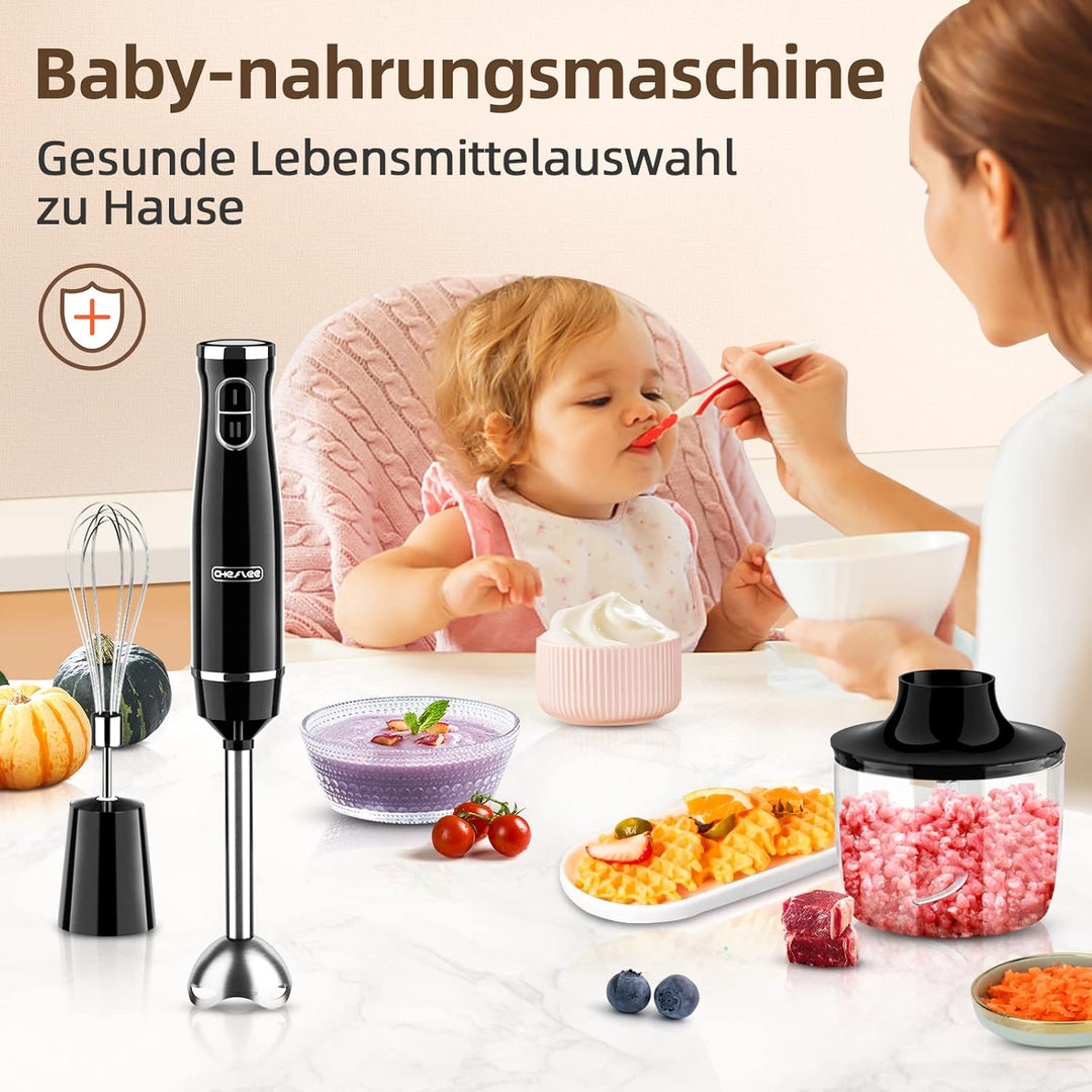 CHeflee Stabmixer Set 5 in 1 (800 Watt) Pürierstab, mit Edelstahl Mixfuss, Schneebesen, Milchaufschä