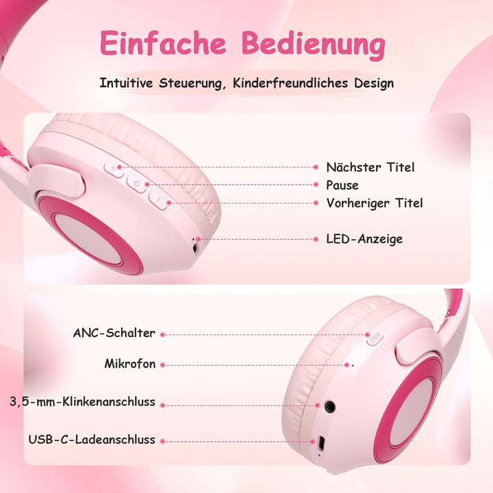 Kopfhörer Kinder Bluetooth | Noise Cancelling Kopfhoerer Kinder | 60h Spielzeit, Leicht über Ohr Kin