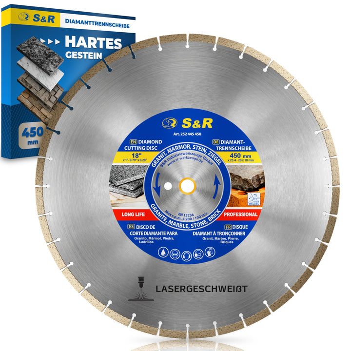 S&amp;R Diamanttrennscheibe 450 x 25,4 mm, Industrie-Qualität, Trennscheibe doppelte Standzeit in Naturs
