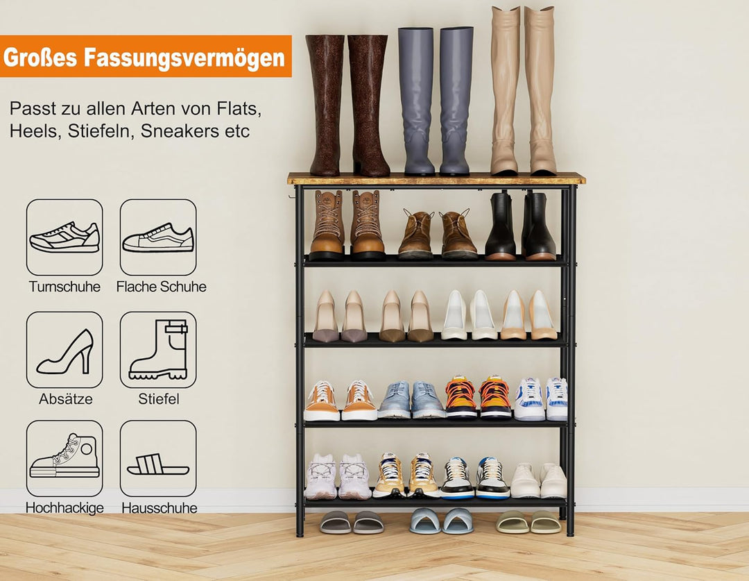 HOMIDEC Schuhregal,5-Ebenen Schuhablage mit Holzbrett als oberstes Regal,Schuhaufbewahrung für 15-20