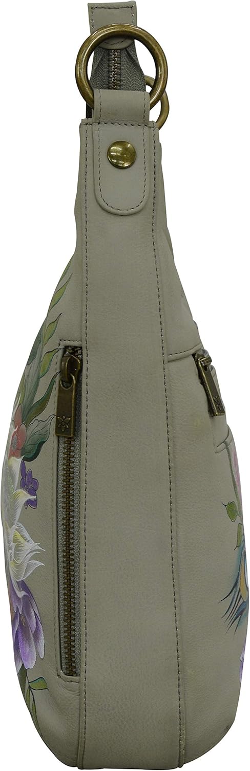 Anuschka Handbemalte Schmale Hobo Tasche, Erweiterbar, mit Crossbody Riemen Regal Pfau, Regal Pfau