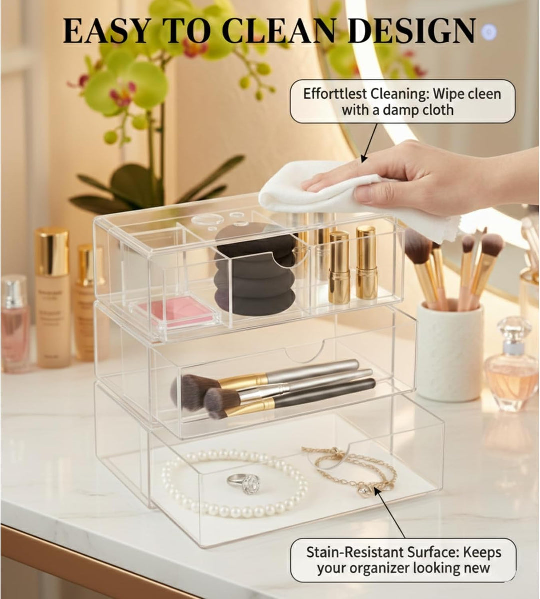3 Stück Acryl Schmink Organizer Schminktisch Make up Organizer Kosmetik Makeup Organizers Schubladen
