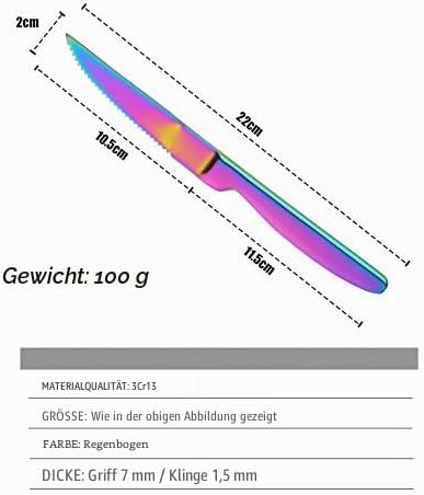 BISDARUN Steakmesser Set mit scharfem Wellenschliff Edelstahl 6-teilig Tafelmesser Regenbogen Fleisc