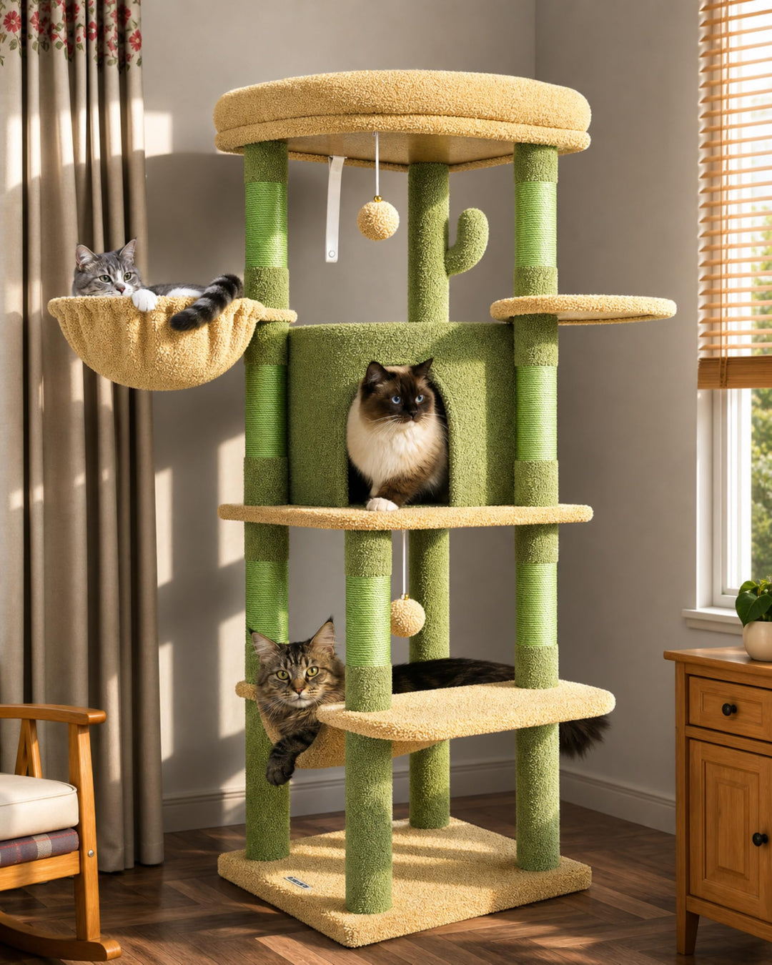 Globlazer Kratzbaum Ecke Kaktus Grün, Eckkratzbaum Stabil hoch 130 cm mit Gross Katzenhaus Sektor Ge