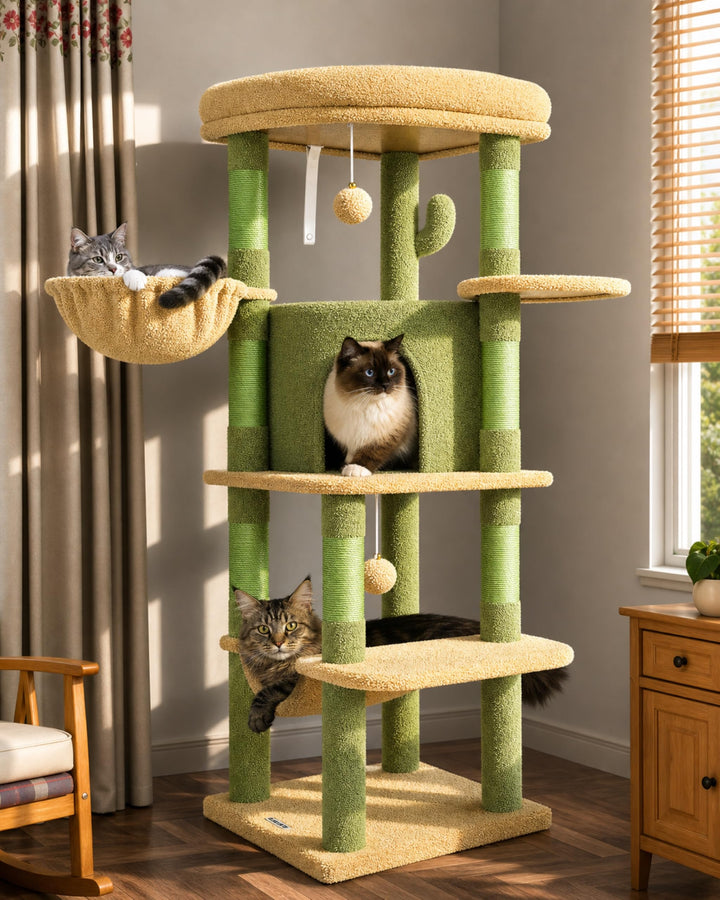 Globlazer Kratzbaum Ecke Kaktus Grün, Eckkratzbaum Stabil hoch 130 cm mit Gross Katzenhaus Sektor Ge