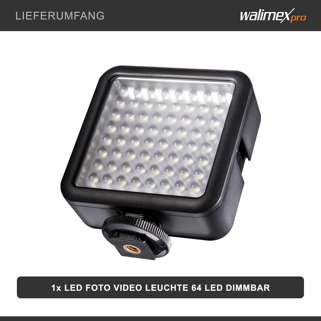 Walimex Pro LED64 LED-Videoleuchte (Dimmbar) für Aktion Kamera, Camcorder und DSLR Kamera 64 LEDs, 6