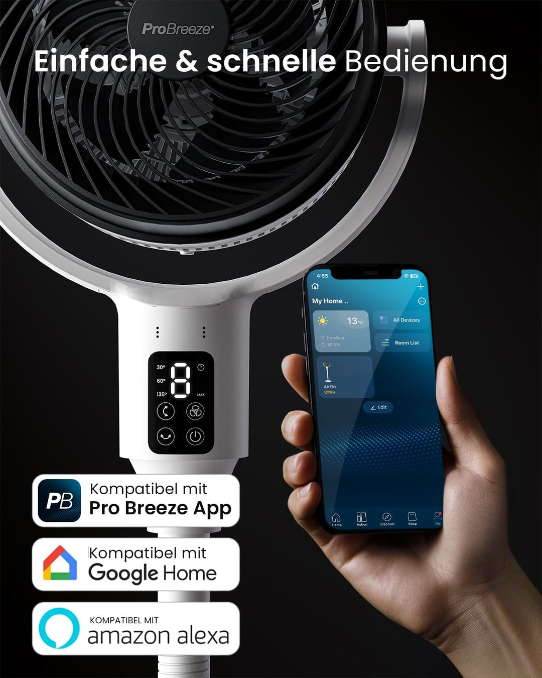 Pro Breeze AirFlo Smart Standventilator 109 cm – Leiser Ventilator mit LED-Display, App & Fernbedien