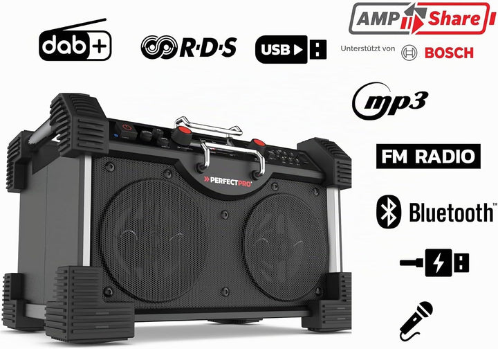 PerfectPro Baustellenradio ROCKHART 18V, AMPShare - Powered by Bosch Professional, DAB+ und FM, Blue