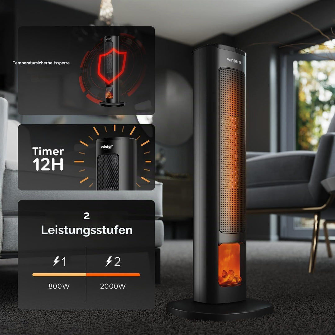 Wintem Elektrischer Heizlüfter Turm 800/2000 W mit Display Kamineffekt und Fernbedienung 60 cm – Ide