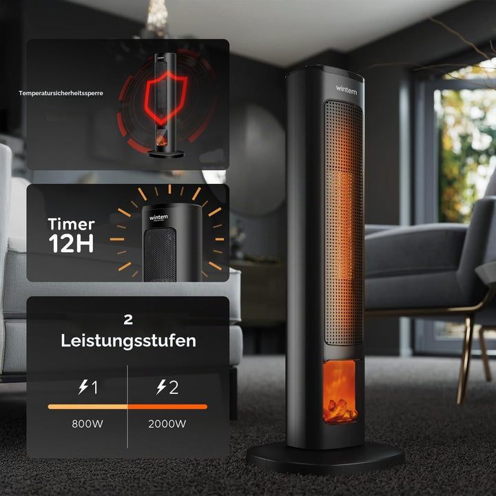 Wintem Elektrischer Heizlüfter Turm 800/2000 W mit Display Kamineffekt und Fernbedienung 60 cm – Ide