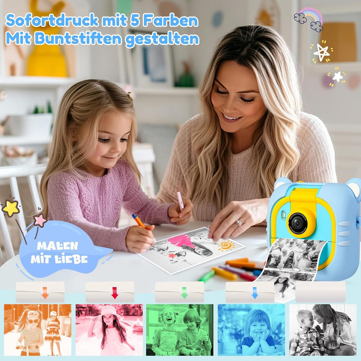 Sofortbildkamera Kinder,7 Druckpapier (4x Farbe: Orange/Rot/Grün/Blau + 3x SW), 2,4" Kinderkamera mi